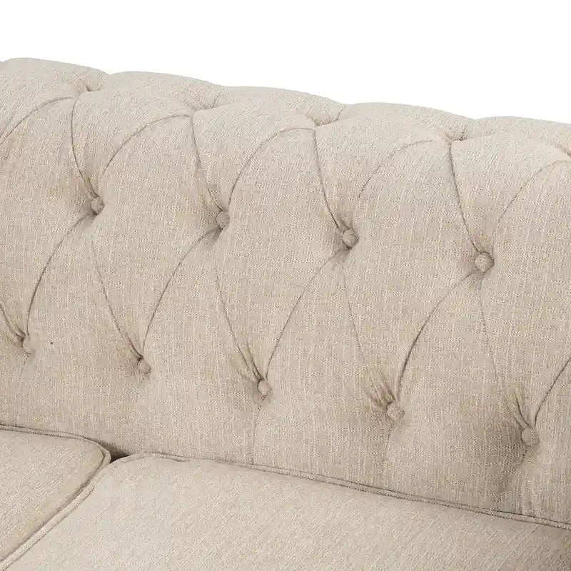 Chesterfield Ecksofa mit Ottoman und 6 Kissen U-förmiges Leinenstoffsofa mit Chaiselongue und Gummibaumholzbeinen für das Wohnzimmer