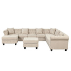 Chesterfield Ecksofa mit Ottoman und 6 Kissen U-förmiges Leinenstoffsofa mit Chaiselongue und Gummibaumholzbeinen für das Wohnzimmer