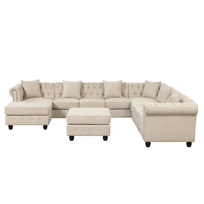 Chesterfield Ecksofa mit Ottoman und 6 Kissen U-förmiges Leinenstoffsofa mit Chaiselongue und Gummibaumholzbeinen für das Wohnzimmer