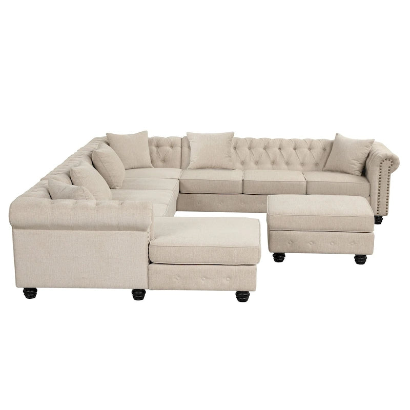 Chesterfield Ecksofa mit Ottoman und 6 Kissen U-förmiges Leinenstoffsofa mit Chaiselongue und Gummibaumholzbeinen für das Wohnzimmer