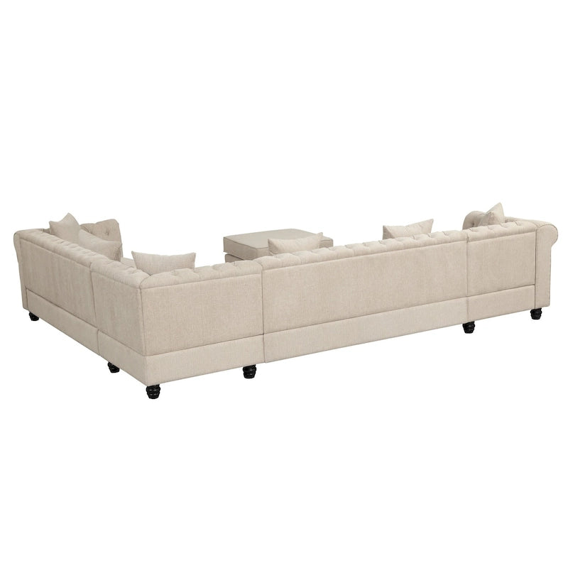 Chesterfield Ecksofa mit Ottoman und 6 Kissen U-förmiges Leinenstoffsofa mit Chaiselongue und Gummibaumholzbeinen für das Wohnzimmer