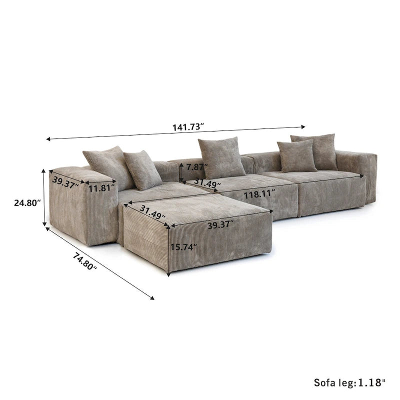 Modernes Cord-Polstersofa, 4-Sitzer, L-förmiges Ecksofa