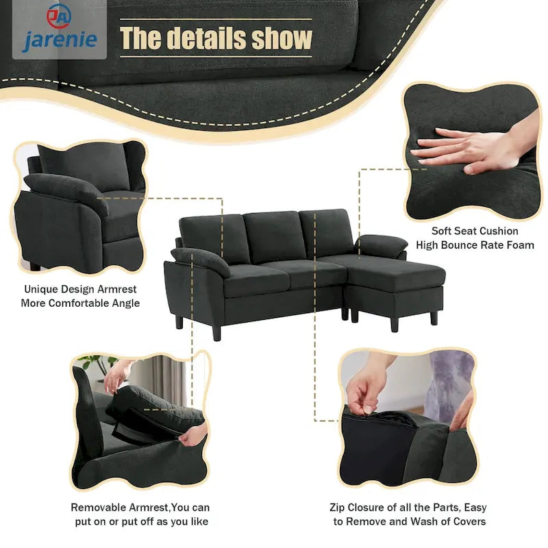 Modernes Ecksofa in L-Form mit abnehmbarer Armlehne, umbaubares Sofa mit wendbarer Ottomane für das Wohnzimmer