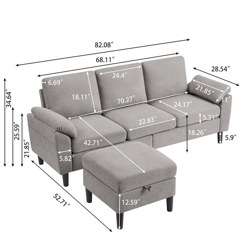 Modernes Ecksofa in L-Form mit abnehmbarer Armlehne, umbaubares Sofa mit wendbarer Ottomane für das Wohnzimmer