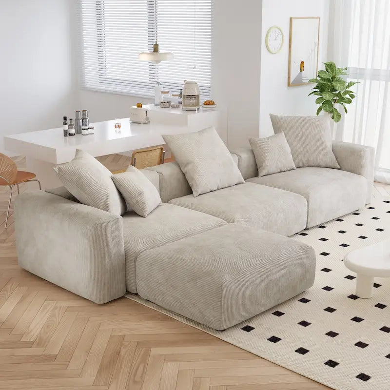 L-förmiges, modernes Ecksofa mit 5 Kissen und Chaiselongue-Ottomane, Kissenbezüge abnehmbar