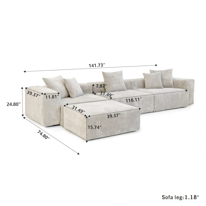 L-förmiges, modernes Ecksofa mit 5 Kissen und Chaiselongue-Ottomane, Kissenbezüge abnehmbar
