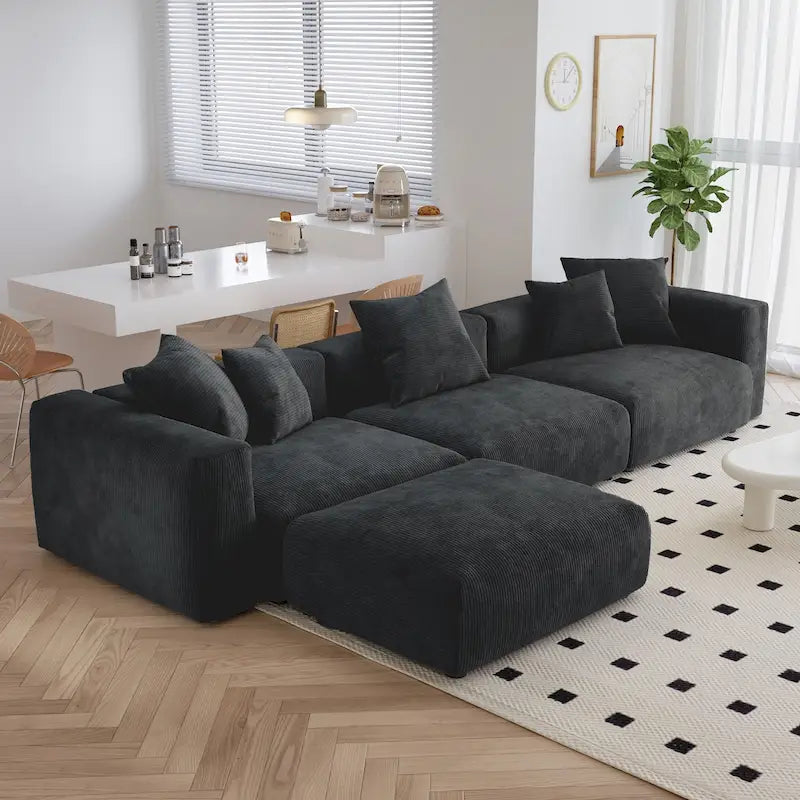 L-förmiges, modernes Ecksofa mit 5 Kissen und Chaiselongue-Ottomane, Kissenbezüge abnehmbar