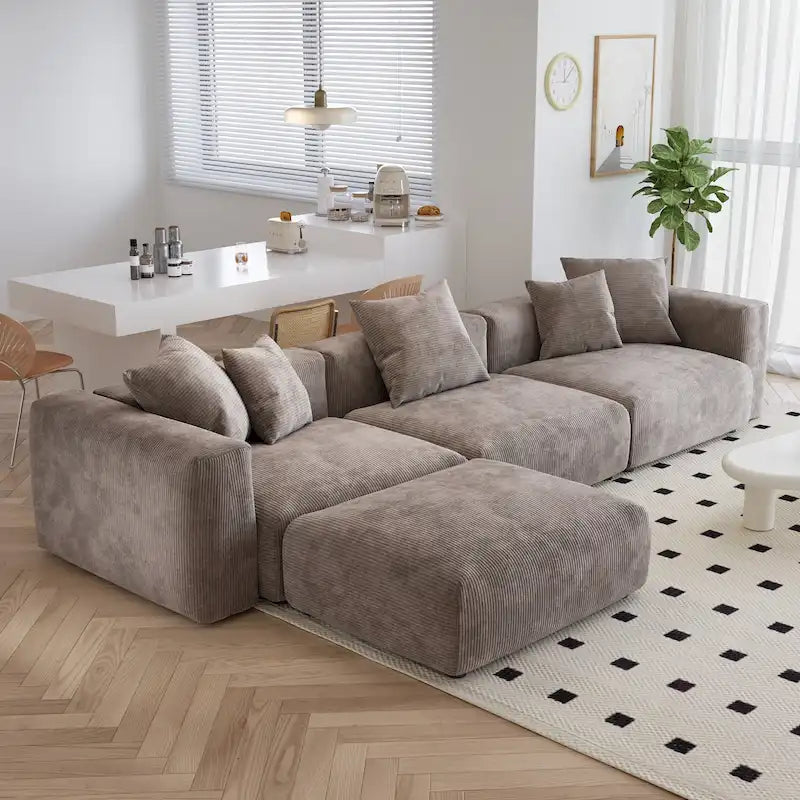 L-förmiges, modernes Ecksofa mit 5 Kissen und Chaiselongue-Ottomane, Kissenbezüge abnehmbar