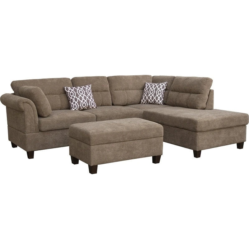 Diego 103,5 Stoff-Ecksofa mit Ottomane rechts, Stauraum-Hocker und 2 Akzentkissen