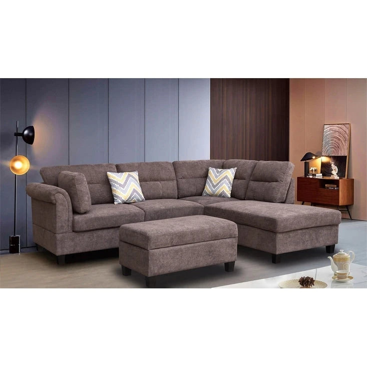 Diego 103,5 Stoff-Ecksofa mit Ottomane rechts, Stauraum-Hocker und 2 Akzentkissen