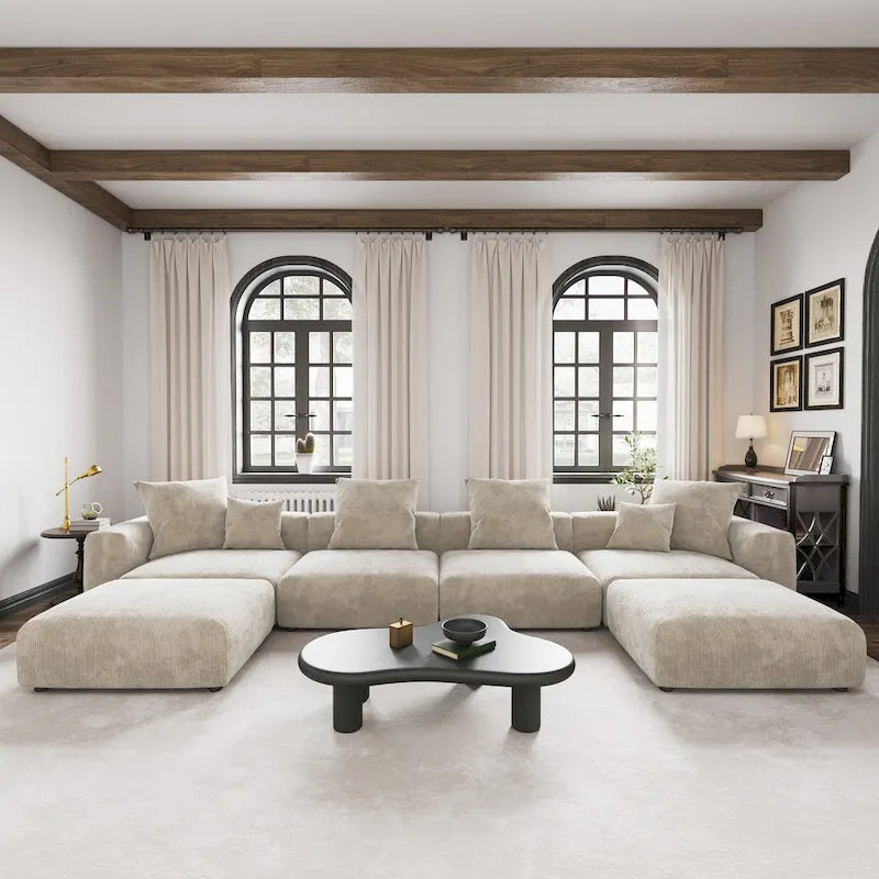 Großes modulares Ecksofa, Kordbezug, U-förmig, 4-Sitzer mit 2 Ottomanen und 5 Kissen