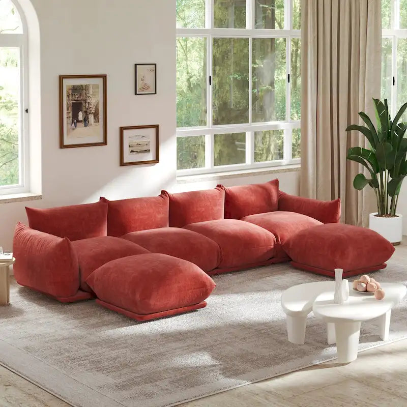 Chenille-Stoff-Ecksofa U-förmiges 4-Sitzer-Sofa mit 2 Hockern