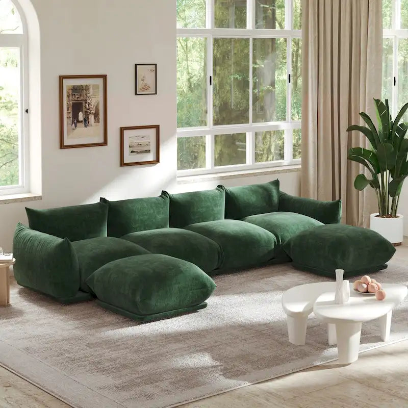 Chenille-Stoff-Ecksofa U-förmiges 4-Sitzer-Sofa mit 2 Hockern