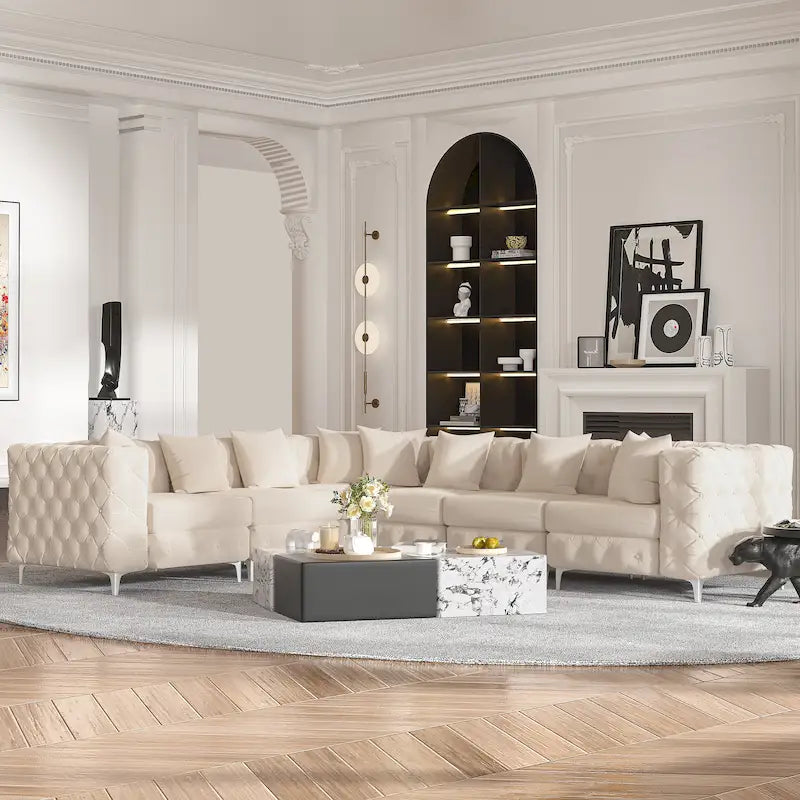 Großes L-förmiges modulares Sofa, 6-Sitzer Samt-Sektionssofa