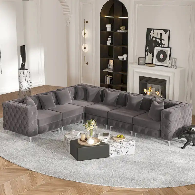 Großes L-förmiges modulares Sofa, 6-Sitzer Samt-Sektionssofa