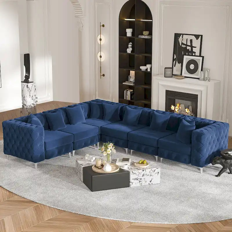 Großes L-förmiges modulares Sofa, 6-Sitzer Samt-Sektionssofa