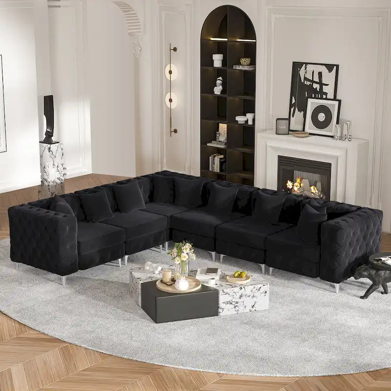 Großes L-förmiges modulares Sofa, 6-Sitzer Samt-Sektionssofa
