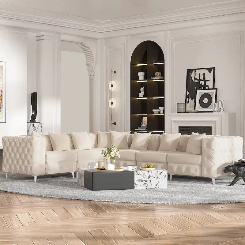 Großes L-förmiges modulares Sofa, 6-Sitzer Samt-Sektionssofa