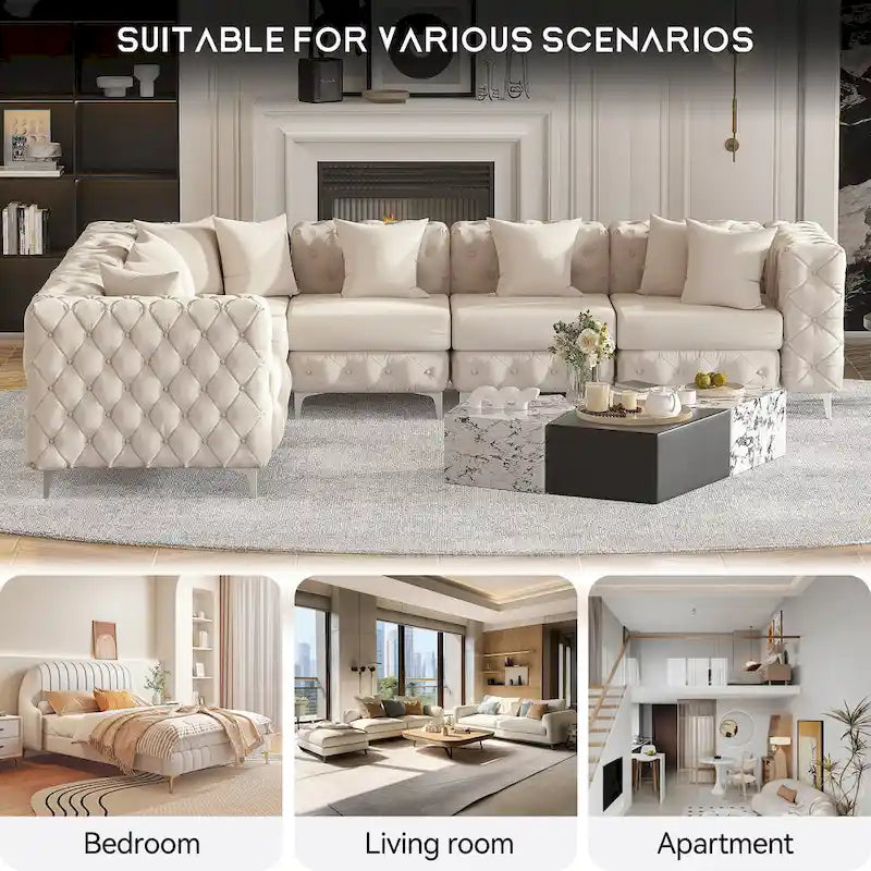 Großes L-förmiges modulares Sofa, 6-Sitzer Samt-Sektionssofa