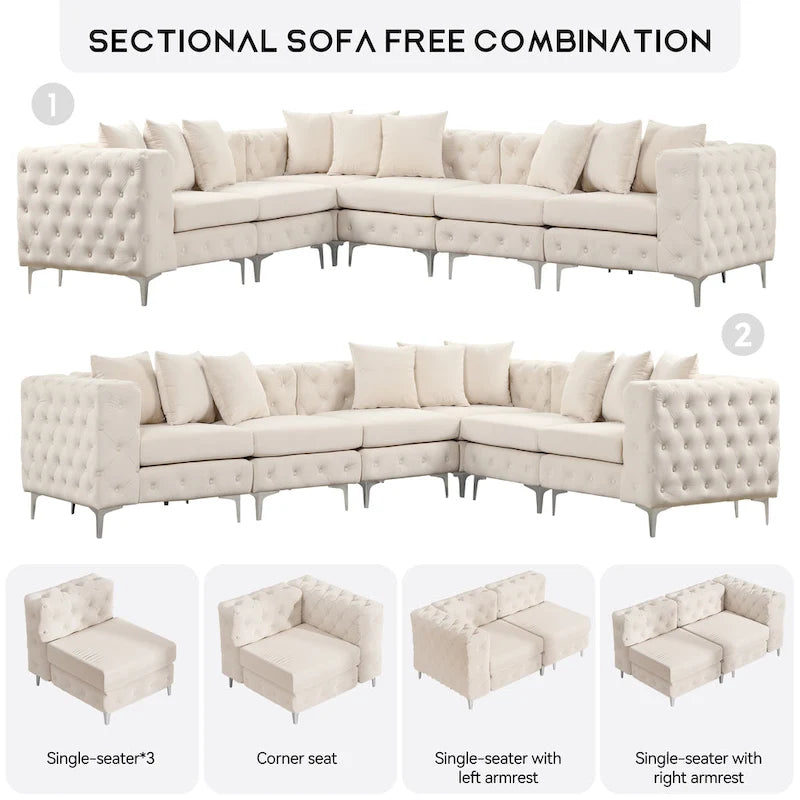 Großes L-förmiges modulares Sofa, 6-Sitzer Samt-Sektionssofa