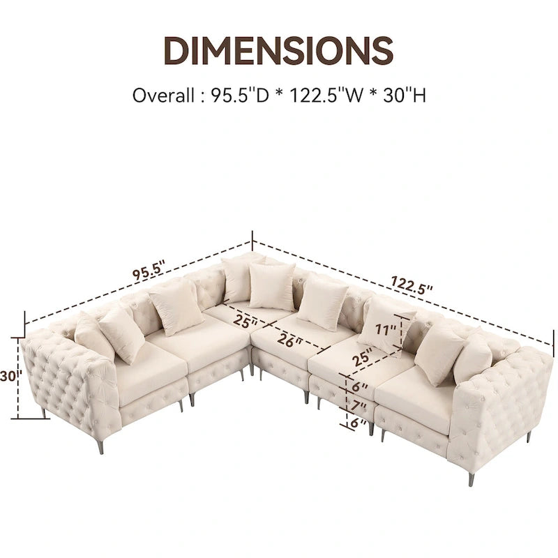 Großes L-förmiges modulares Sofa, 6-Sitzer Samt-Sektionssofa
