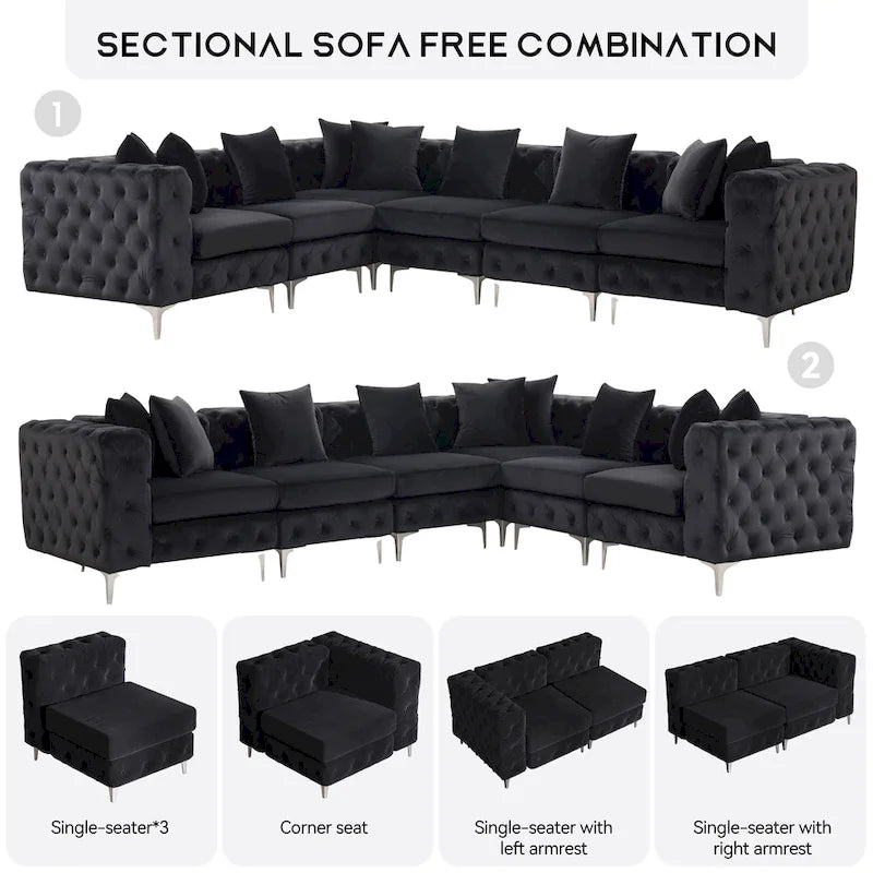 Großes L-förmiges modulares Sofa, 6-Sitzer Samt-Sektionssofa