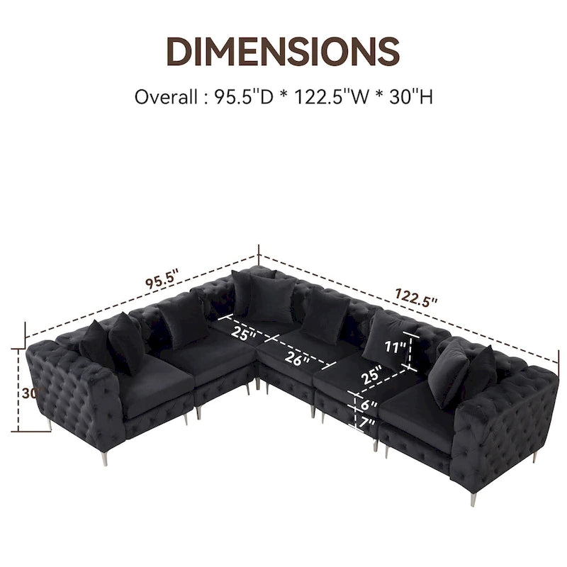 Großes L-förmiges modulares Sofa, 6-Sitzer Samt-Sektionssofa