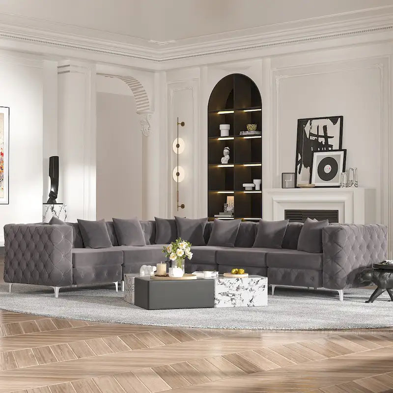 Großes L-förmiges modulares Sofa, 6-Sitzer Samt-Sektionssofa