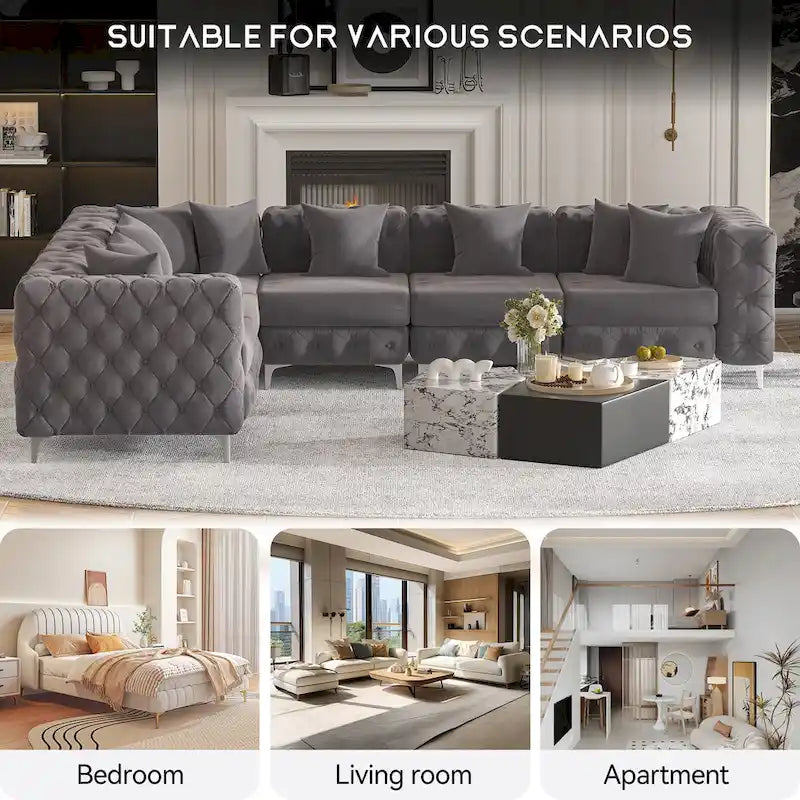 Großes L-förmiges modulares Sofa, 6-Sitzer Samt-Sektionssofa