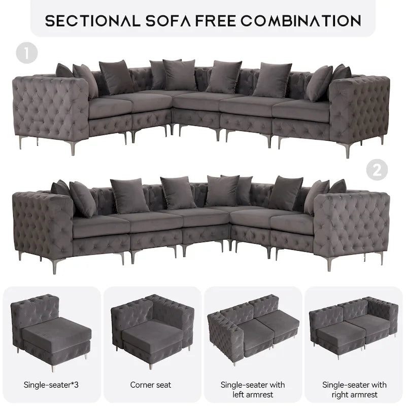 Großes L-förmiges modulares Sofa, 6-Sitzer Samt-Sektionssofa