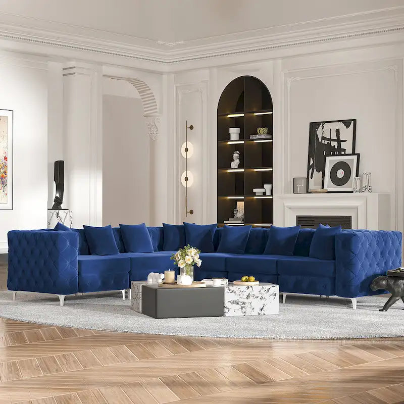 Großes L-förmiges modulares Sofa, 6-Sitzer Samt-Sektionssofa