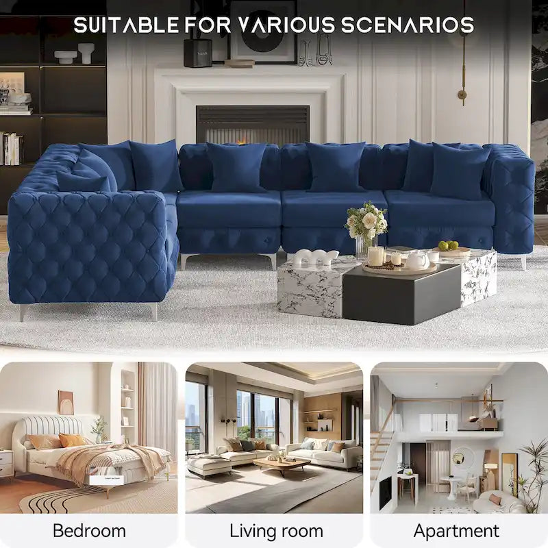 Großes L-förmiges modulares Sofa, 6-Sitzer Samt-Sektionssofa