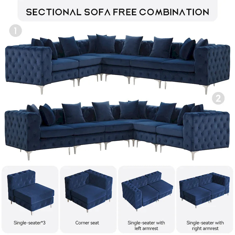 Großes L-förmiges modulares Sofa, 6-Sitzer Samt-Sektionssofa