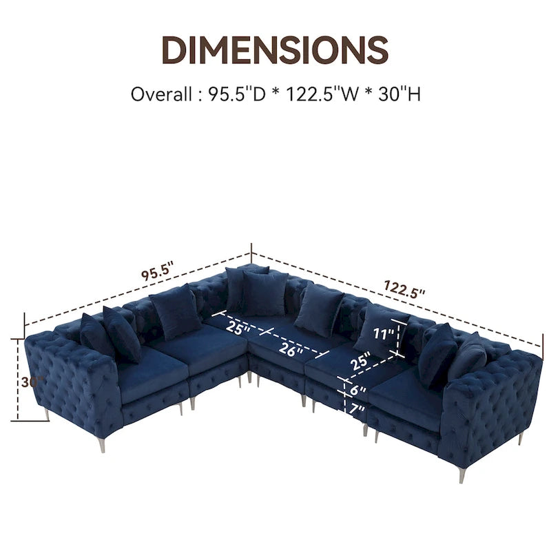 Großes L-förmiges modulares Sofa, 6-Sitzer Samt-Sektionssofa
