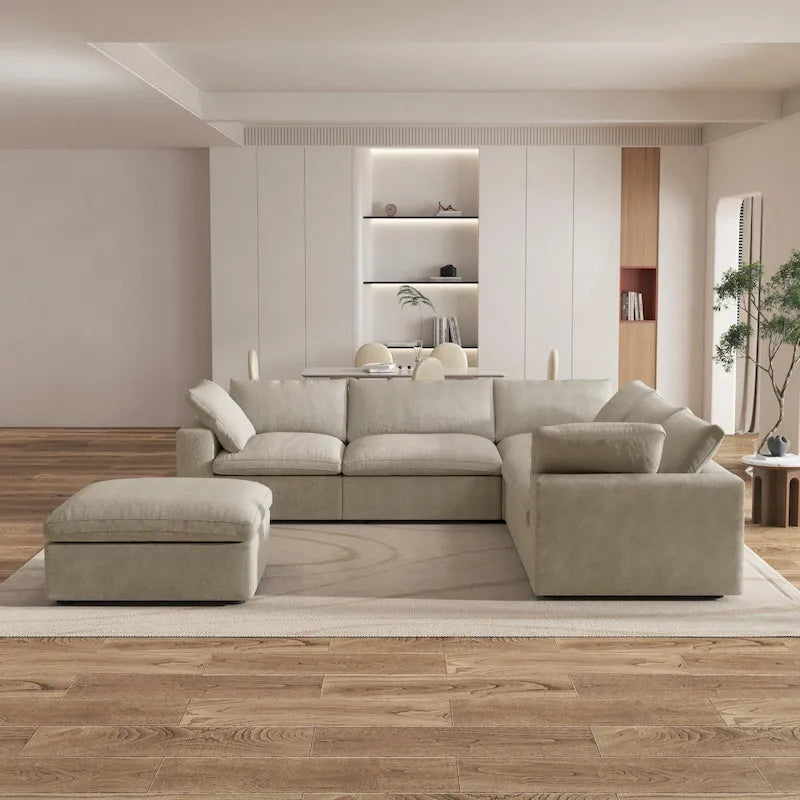 Großes Ecksofa mit Daunenfüllung und Ottoman für Wohnzimmerset