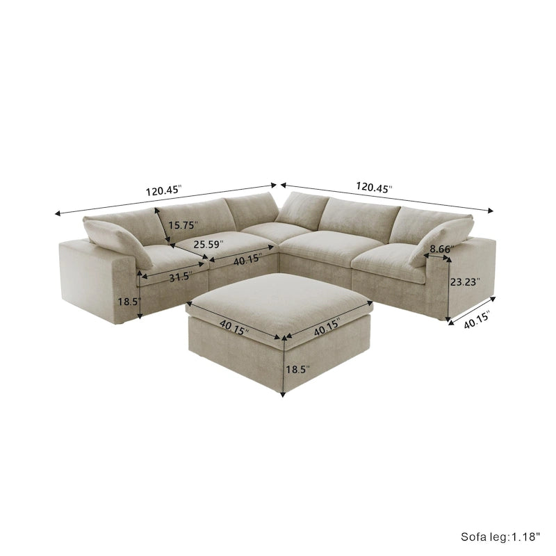 Großes Ecksofa mit Daunenfüllung und Ottoman für Wohnzimmerset
