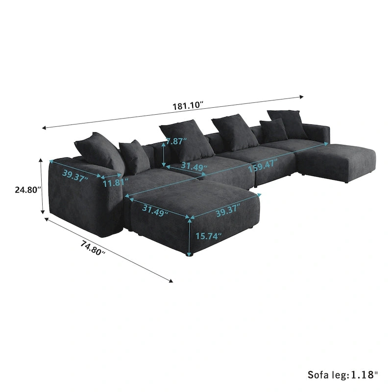 181 U-förmiges, umwandelbares modulares Sektionalsofa mit 2 Ottomanen