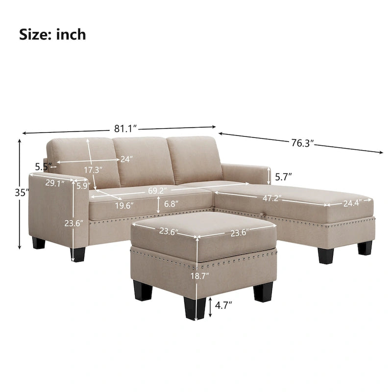 [Neu] [VIDEO bereitgestellt] 81.1*76.3*35 Wendbares Ecksofa mit Stauraum-Ottomane L-förmiges Sofa, Ecksofa mit Recamiere, Na