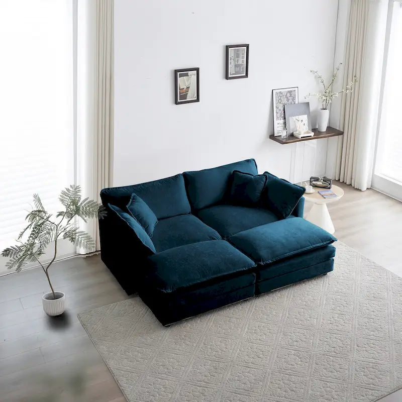 4-teiliges Polstersofa mit Ottomane, Blau