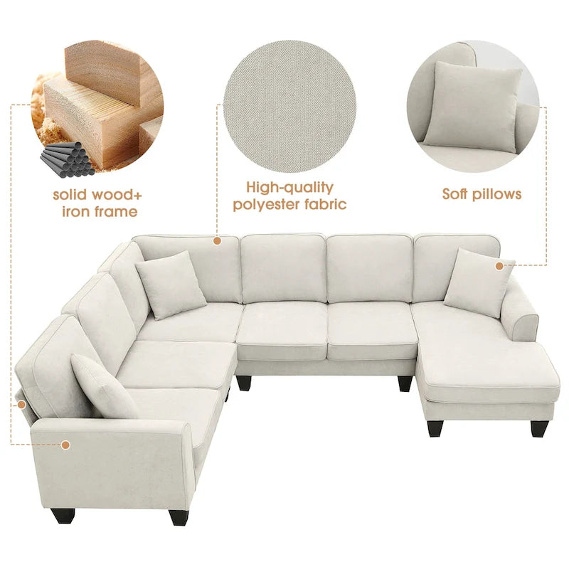 ```json
[
  {
    "type": "video",
    "content": "VIDEO provided"
  },
  {
    "type": "text",
    "content": "[Neu] 108*85.5 Modernes U-förmiges Ecksofa, 7-Sitzer Stoff Ecksofa-Set mit 3 Kissen für Wohnzi"
  }
]
```