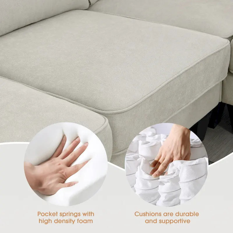 ```json
[
  {
    "type": "video",
    "content": "VIDEO provided"
  },
  {
    "type": "text",
    "content": "[Neu] 108*85.5 Modernes U-förmiges Ecksofa, 7-Sitzer Stoff Ecksofa-Set mit 3 Kissen für Wohnzi"
  }
]
```