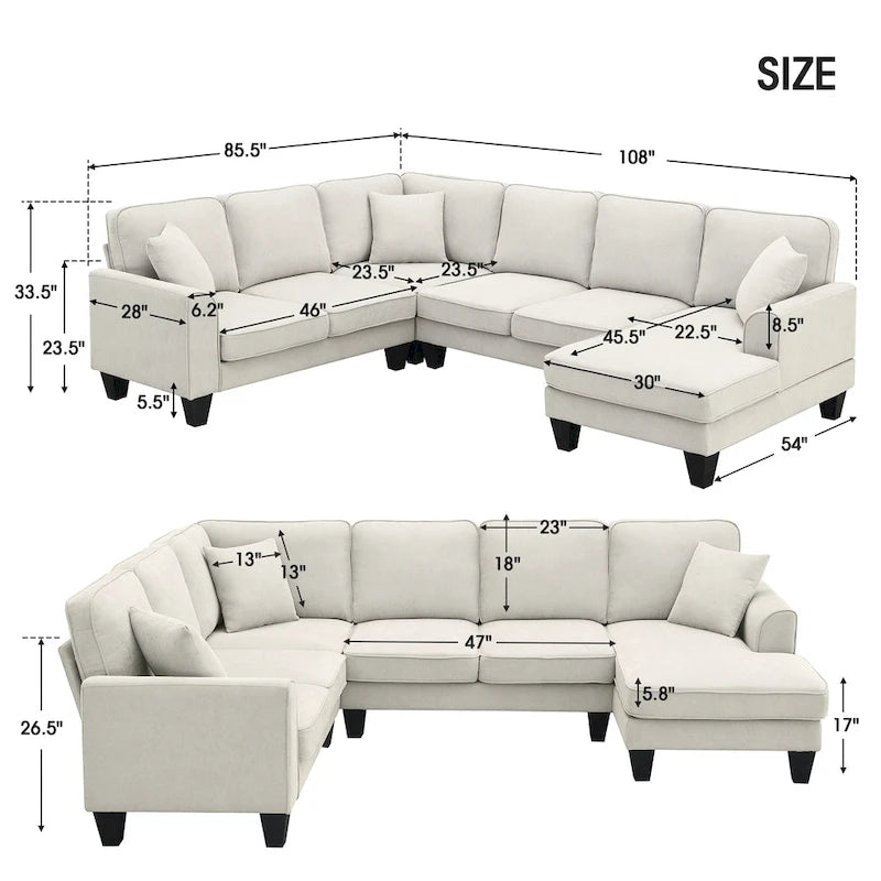 ```json
[
  {
    "type": "video",
    "content": "VIDEO provided"
  },
  {
    "type": "text",
    "content": "[Neu] 108*85.5 Modernes U-förmiges Ecksofa, 7-Sitzer Stoff Ecksofa-Set mit 3 Kissen für Wohnzi"
  }
]
```