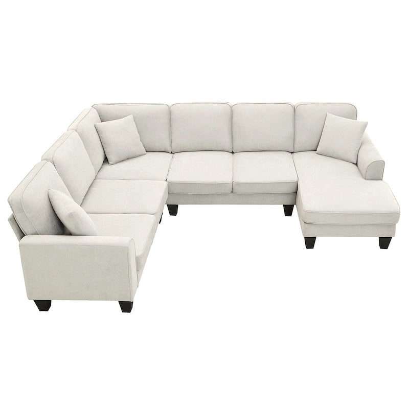 ```json
[
  {
    "type": "video",
    "content": "VIDEO provided"
  },
  {
    "type": "text",
    "content": "[Neu] 108*85.5 Modernes U-förmiges Ecksofa, 7-Sitzer Stoff Ecksofa-Set mit 3 Kissen für Wohnzi"
  }
]
```