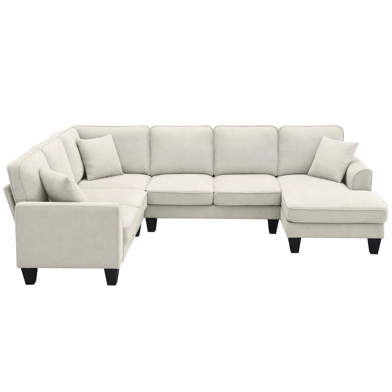 ```json
[
  {
    "type": "video",
    "content": "VIDEO provided"
  },
  {
    "type": "text",
    "content": "[Neu] 108*85.5 Modernes U-förmiges Ecksofa, 7-Sitzer Stoff Ecksofa-Set mit 3 Kissen für Wohnzi"
  }
]
```