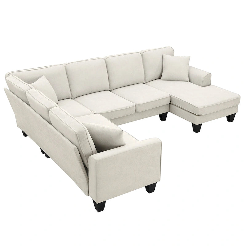 ```json
[
  {
    "type": "video",
    "content": "VIDEO provided"
  },
  {
    "type": "text",
    "content": "[Neu] 108*85.5 Modernes U-förmiges Ecksofa, 7-Sitzer Stoff Ecksofa-Set mit 3 Kissen für Wohnzi"
  }
]
```