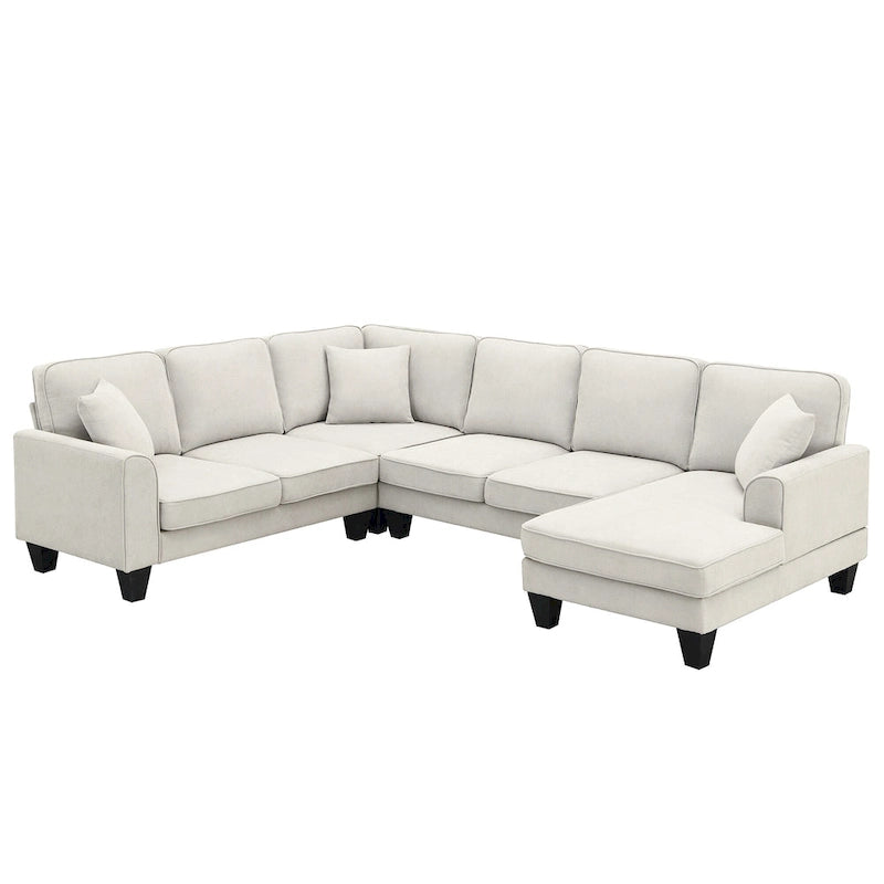 ```json
[
  {
    "type": "video",
    "content": "VIDEO provided"
  },
  {
    "type": "text",
    "content": "[Neu] 108*85.5 Modernes U-förmiges Ecksofa, 7-Sitzer Stoff Ecksofa-Set mit 3 Kissen für Wohnzi"
  }
]
```