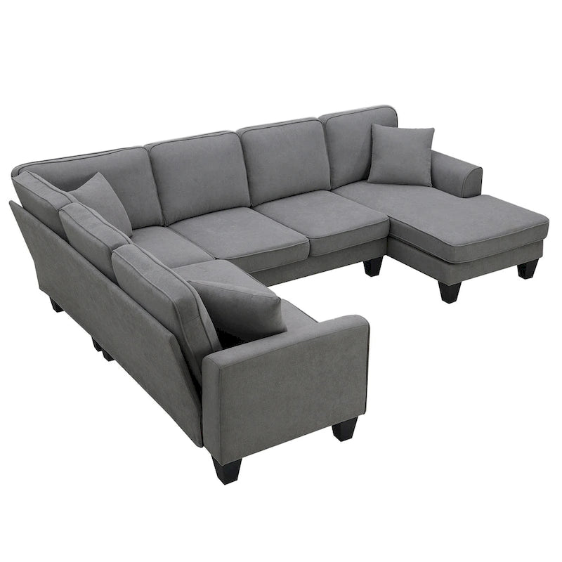 ```json
[
  {
    "type": "video",
    "content": "VIDEO provided"
  },
  {
    "type": "text",
    "content": "[Neu] 108*85.5 Modernes U-förmiges Ecksofa, 7-Sitzer Stoff Ecksofa-Set mit 3 Kissen für Wohnzi"
  }
]
```