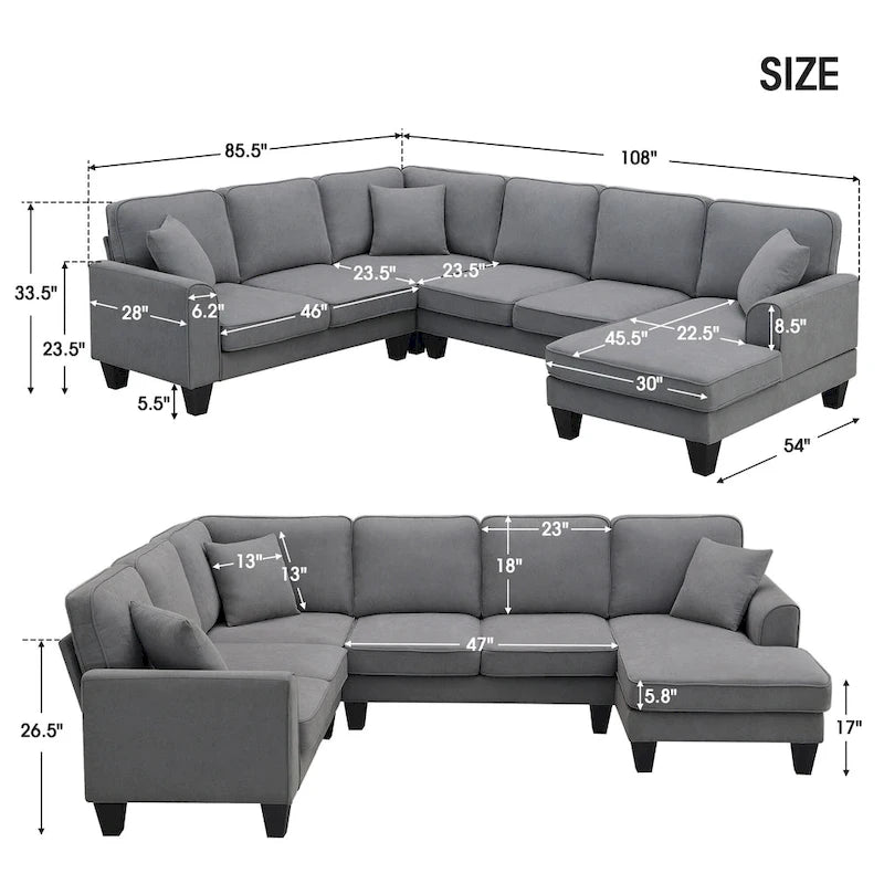 ```json
[
  {
    "type": "video",
    "content": "VIDEO provided"
  },
  {
    "type": "text",
    "content": "[Neu] 108*85.5 Modernes U-förmiges Ecksofa, 7-Sitzer Stoff Ecksofa-Set mit 3 Kissen für Wohnzi"
  }
]
```