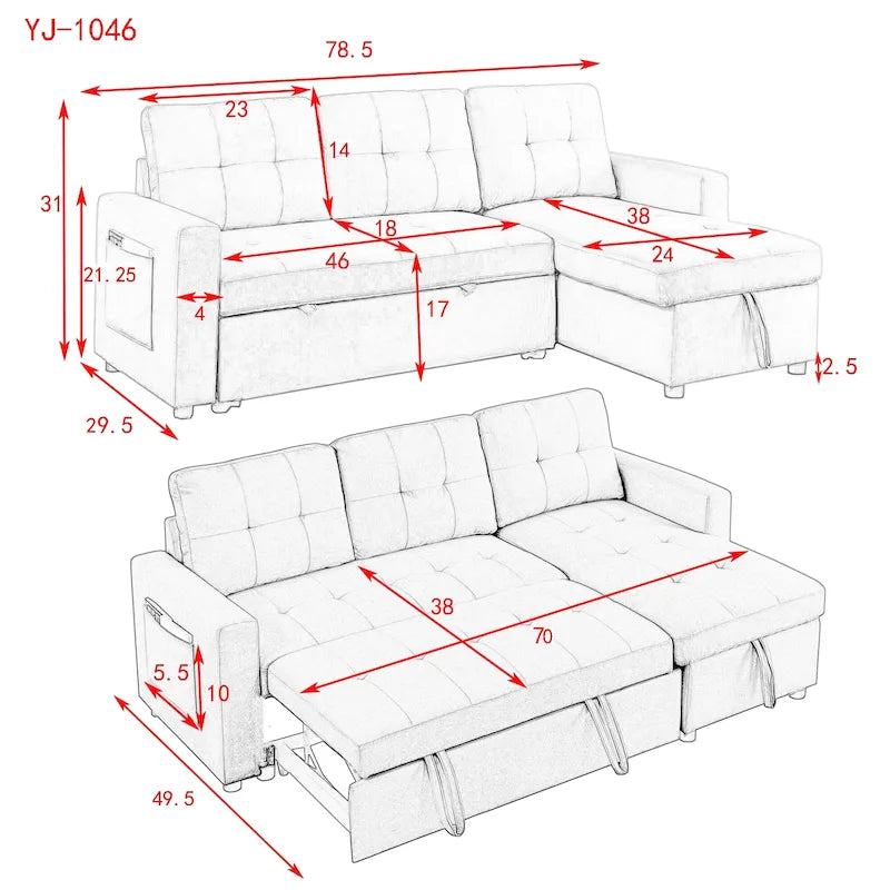 MH 78.5 Schlafsofa Ecksofa mit Stauraum-Recamiere und Seitentasche für kleine Wohnzimmer möbel