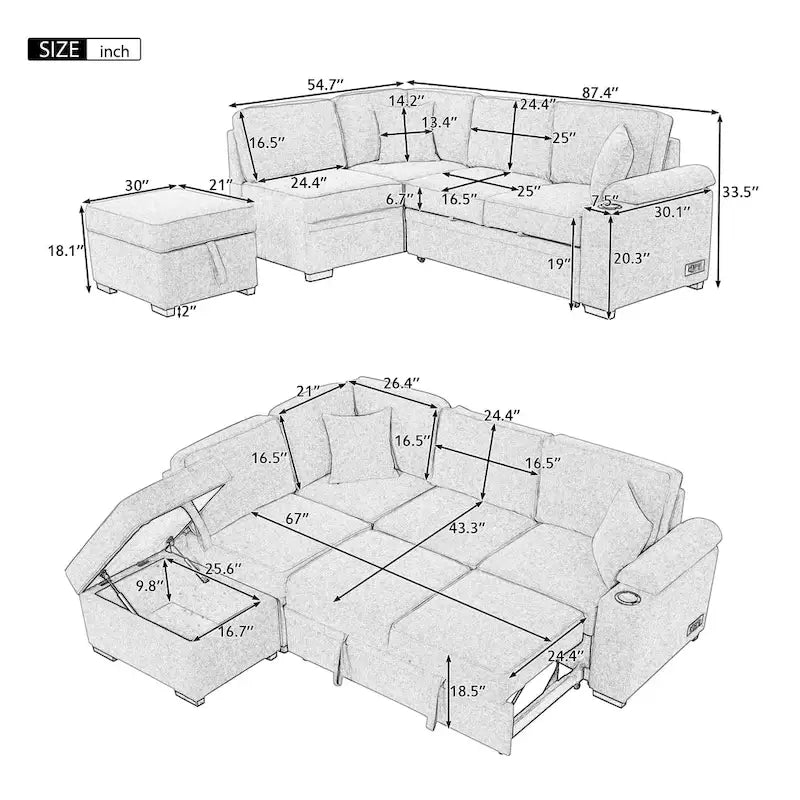 87,4 Schlafsofa, 2 in 1 Ausziehbares Schlafsofa L-Form mit Stauraum-Ottomane für Wohnzimmer, Schlafzimmer und kleine Wohnungen